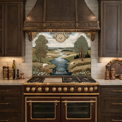 Farmhouse Landscape Tempered Glass Backsplash, Rustic Country Kitchen Decor