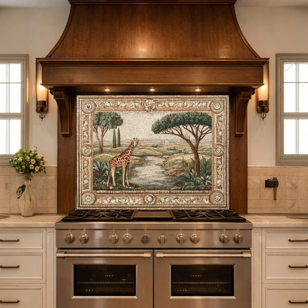 Giraffe Mosaic Tempered Glass Kitchen Backsplash, Safari Wildlife Decor