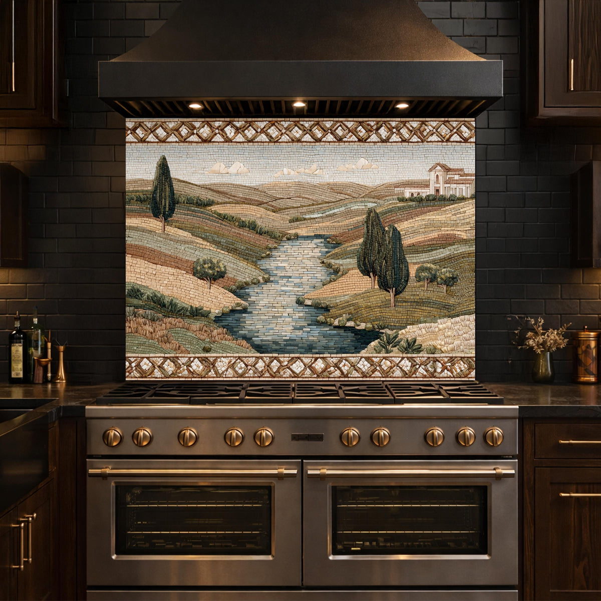 Tuscan Landscape Tempered Glass Backsplash, Mediterranean Kitchen Decor, Stove Panel