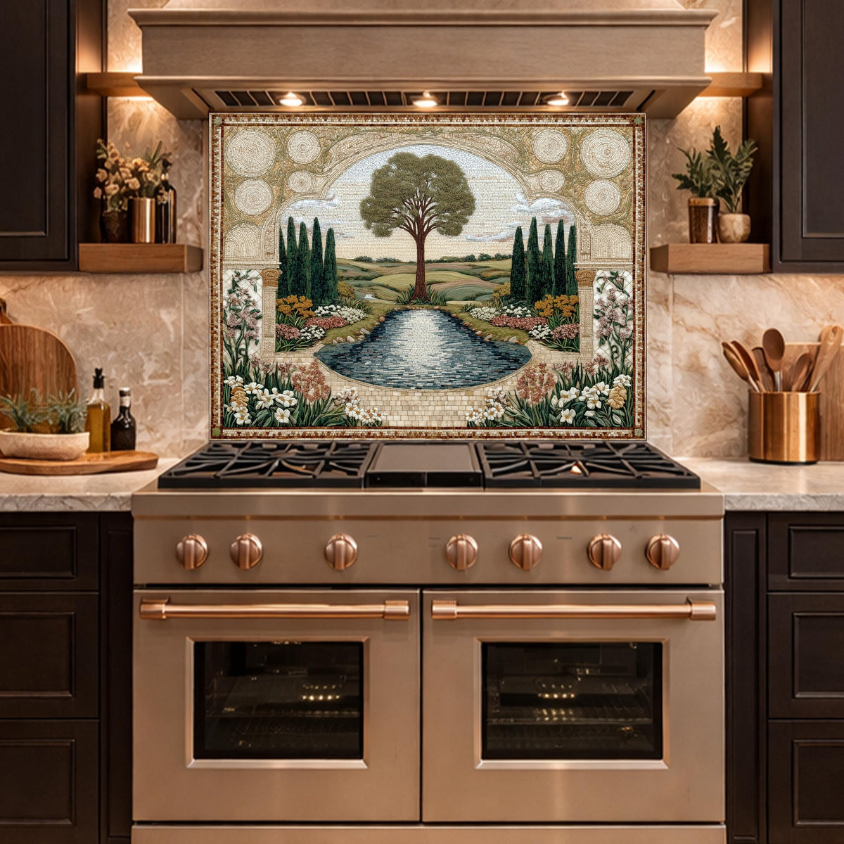 Garden Landscape Tempered Glass Kitchen Backsplash, Mediterranean Stove Panel