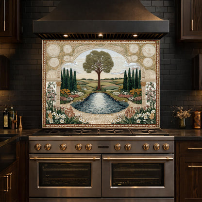 Garden Landscape Tempered Glass Kitchen Backsplash, Mediterranean Stove Panel