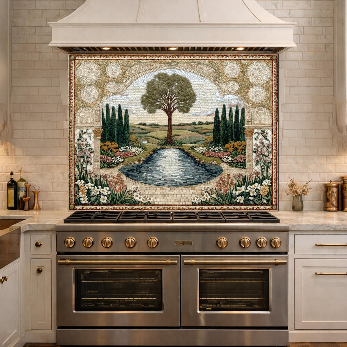 Garden Landscape Tempered Glass Kitchen Backsplash, Mediterranean Stove Panel