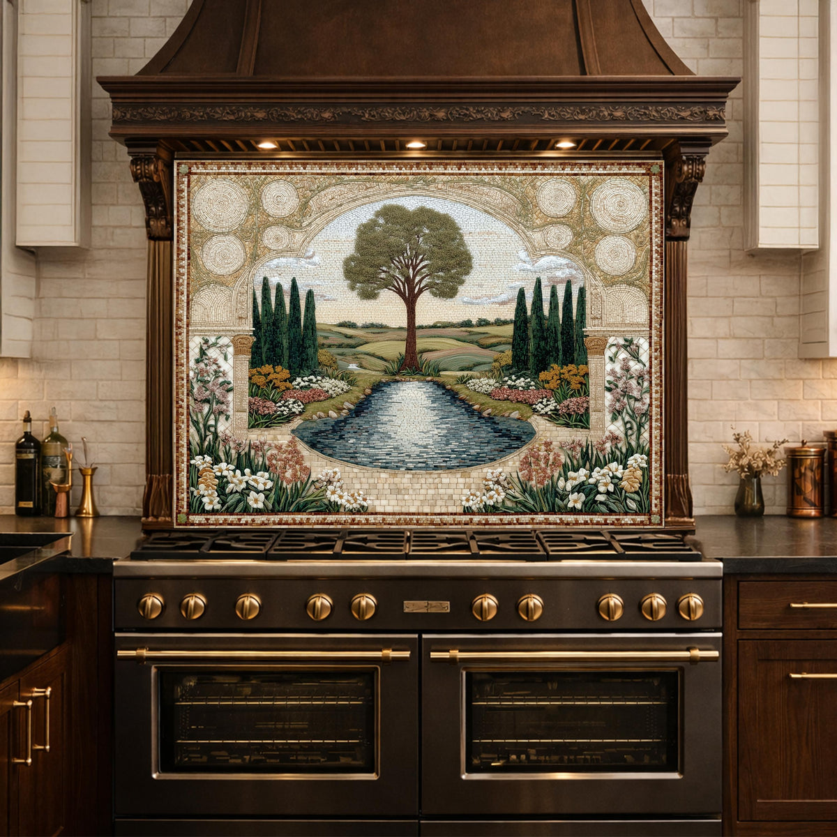 Garden Landscape Tempered Glass Kitchen Backsplash, Mediterranean Stove Panel