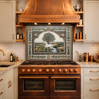 Horse Olive Tree Glass Kitchen Backsplash, Mediterranean Farmhouse Stove Decor