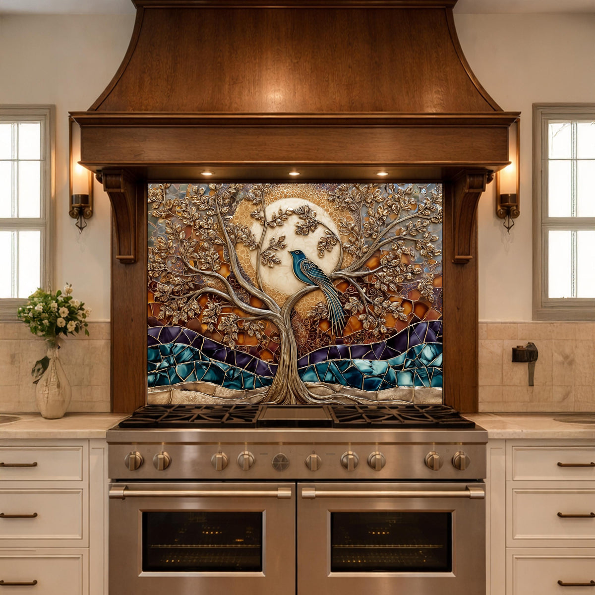 Tempered Glass Kitchen Backsplash Panel, Stained Glass Tree Bird Art, Stove Guard Wall Decor
