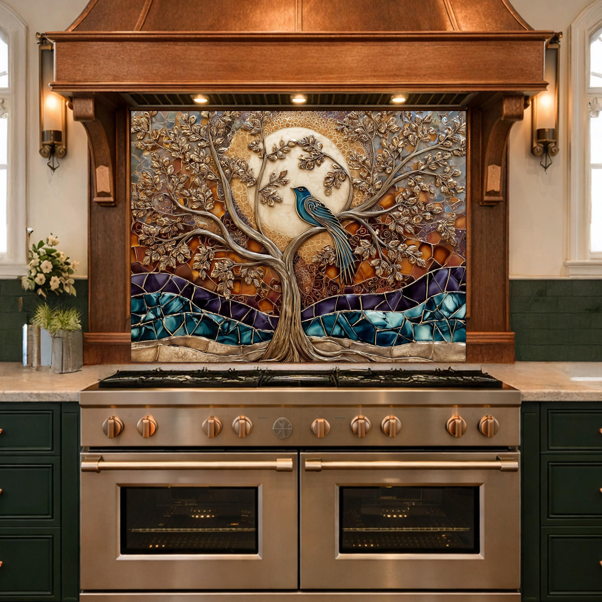 Tempered Glass Kitchen Backsplash Panel, Stained Glass Tree Bird Art, Stove Guard Wall Decor