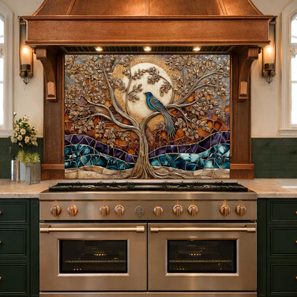 Tempered Glass Kitchen Backsplash Panel, Stained Glass Tree Bird Art, Stove Guard Wall Decor
