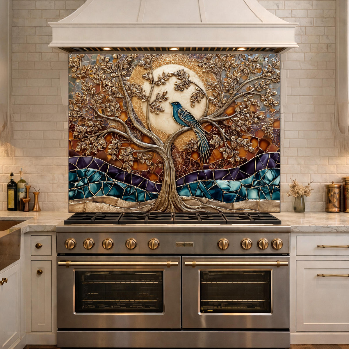 Tempered Glass Kitchen Backsplash Panel, Stained Glass Tree Bird Art, Stove Guard Wall Decor