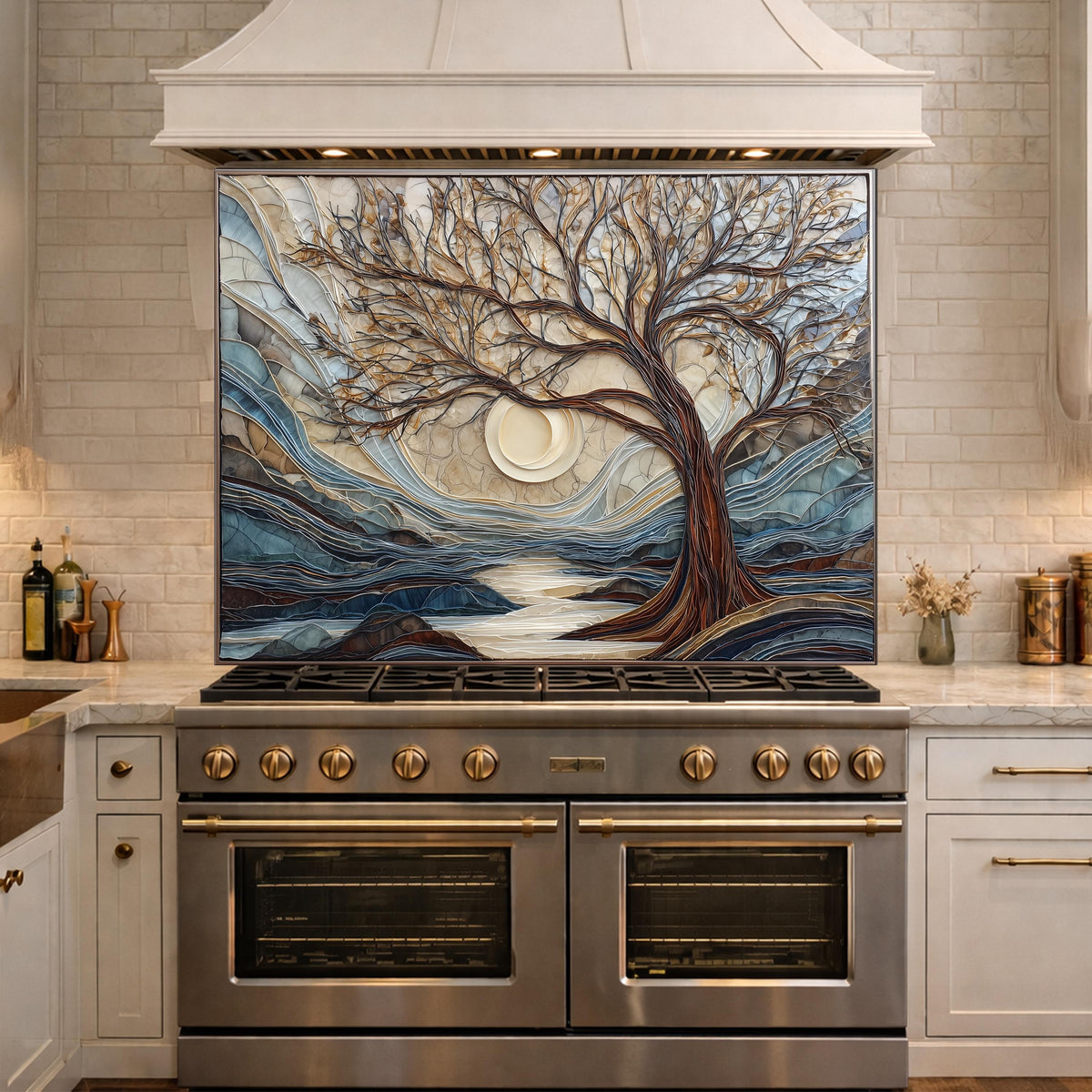 Tempered Glass Tree Landscape Kitchen Backsplash Panel, Glass Mosaic Nature Art Moon Wall Decor