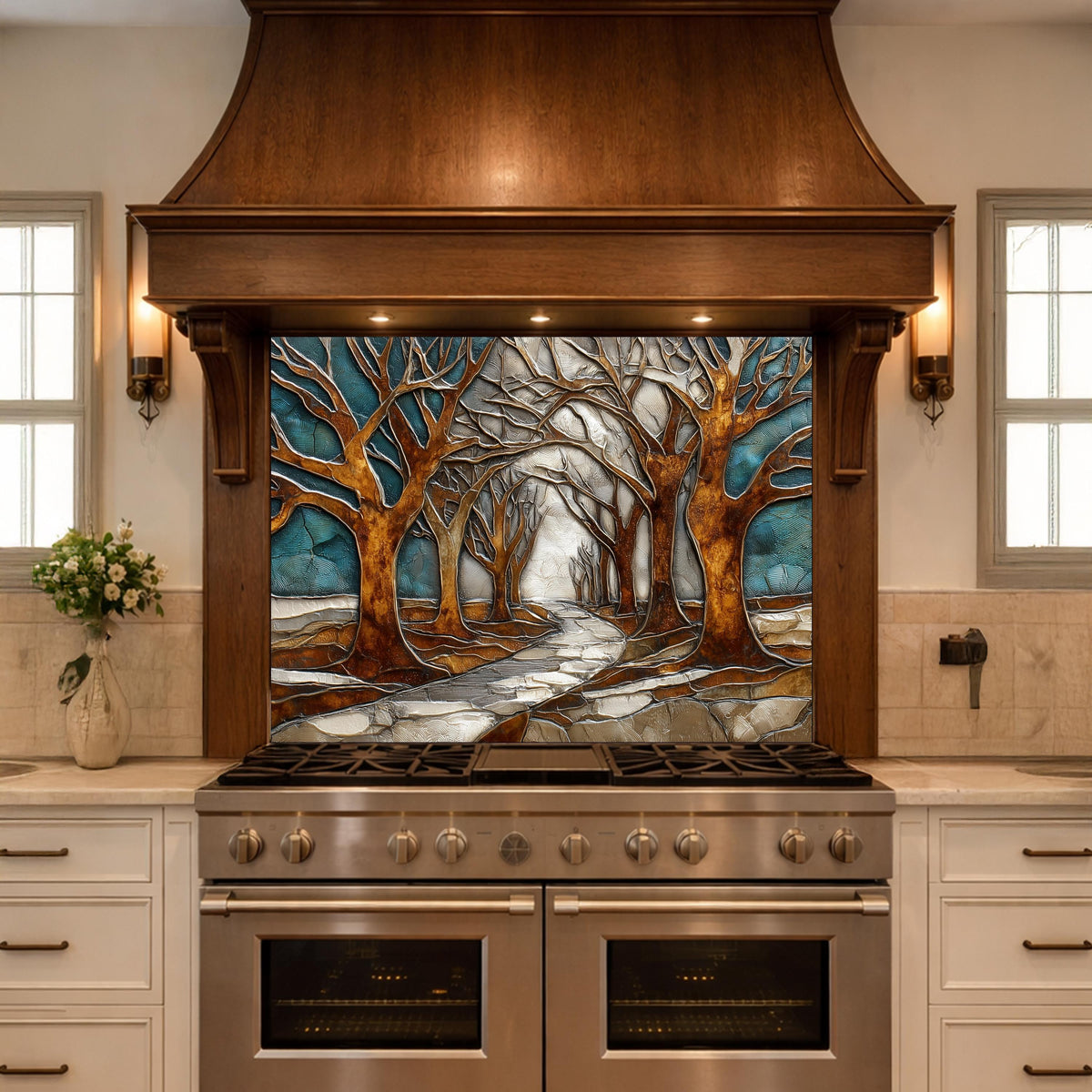 Tempered Glass Kitchen Backsplash, Forest Path Tree Landscape Art Stove Guard