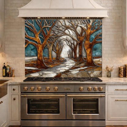Tempered Glass Kitchen Backsplash, Forest Path Tree Landscape Art Stove Guard