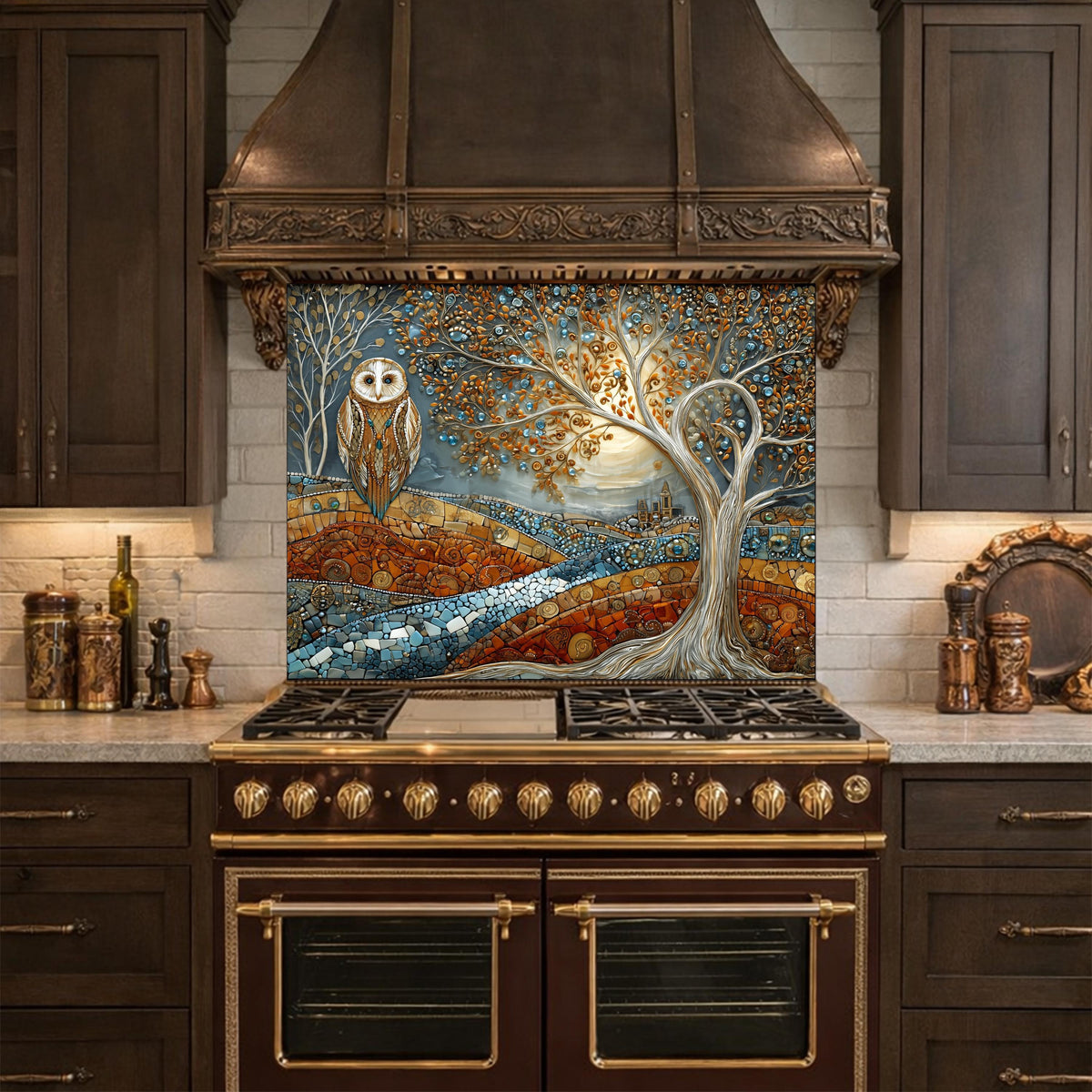 Owl Tree Mosaic Glass Kitchen Backsplash Panel, Stained Glass Landscape Art, Tempered Stove Guard