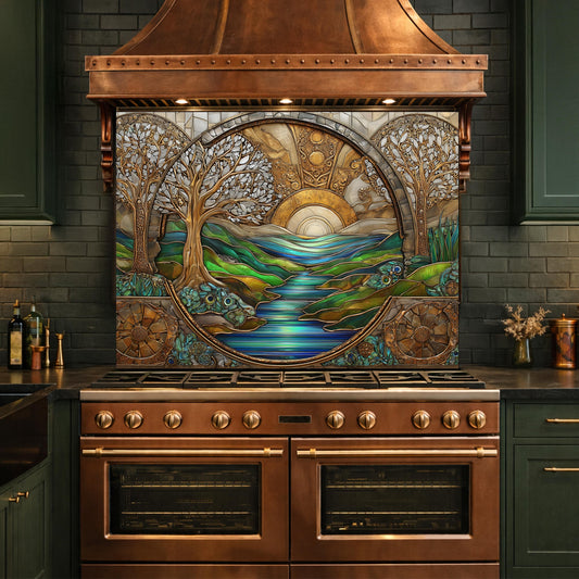 Tempered Glass Sunset River Landscape Kitchen Backsplash Panel, Stained Glass Art Stove Guard