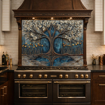 Tree of Life Blue Gold Glass Kitchen Backsplash Panel, Floral Wall Art Decor