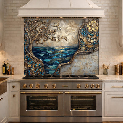 Tree and Ocean Wave Glass Kitchen Backsplash Panel, Blue Gold Wall Art Decor