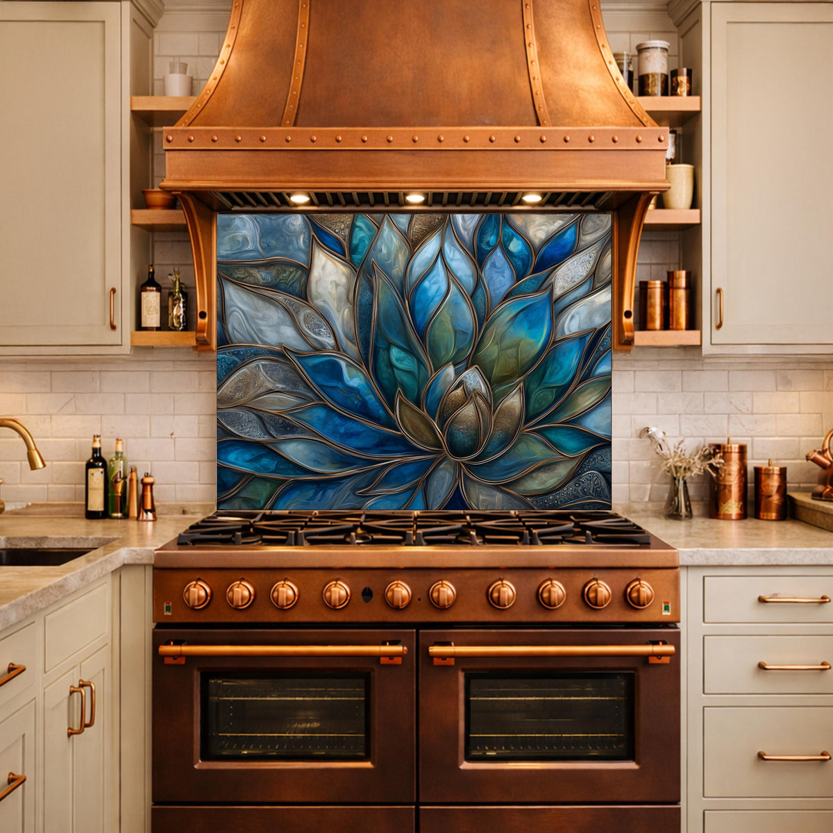 Blue Lotus Flower Tempered Glass Kitchen Backsplash, Stained Glass Mosaic Art Panel