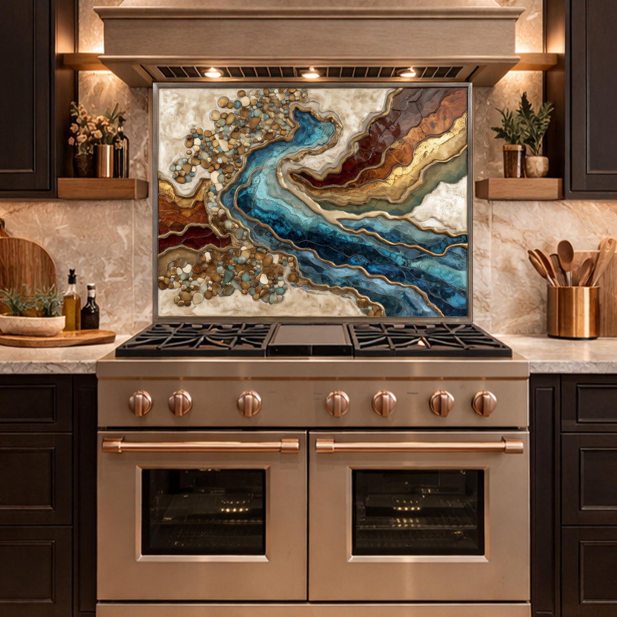 Abstract River Glass Backsplash Blue Gold Marble Kitchen Wall Panel Decor