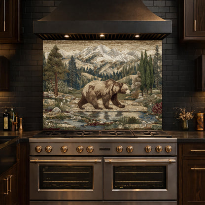 Tempered Glass Mountain Bear Kitchen Backsplash, Rustic Wildlife Stove Guard Wall Art