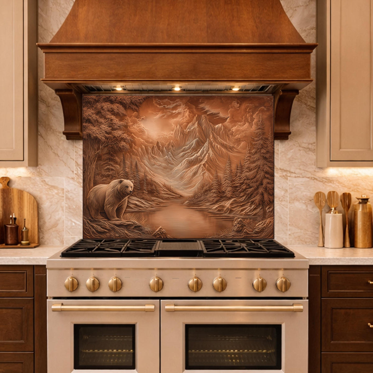 Copper Mountain Bear Glass Kitchen Backsplash Panel, Rustic Stove Guard Wall Art Decor