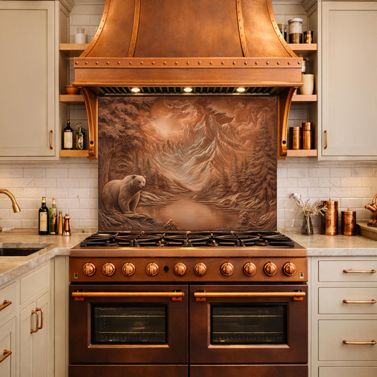 Copper Mountain Bear Glass Kitchen Backsplash Panel, Rustic Stove Guard Wall Art Decor