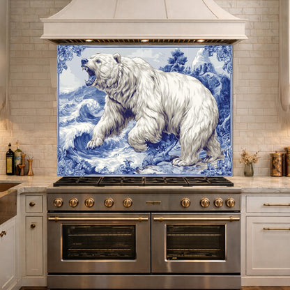 Blue White Bear Glass Kitchen Backsplash Panel, Ocean Wave Stove Guard Decor