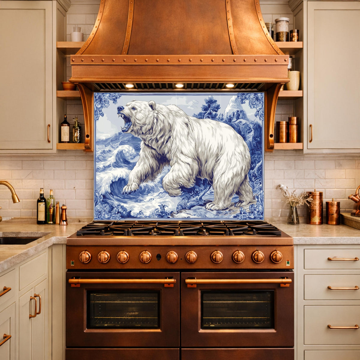 Blue White Bear Glass Kitchen Backsplash Panel, Ocean Wave Stove Guard Decor