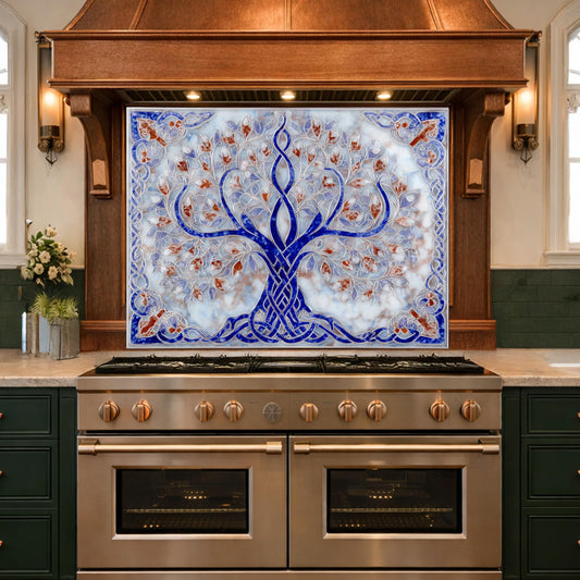 Tree of Life Glass Kitchen Backsplash Panel, Blue Mosaic Stove Guard Wall Art