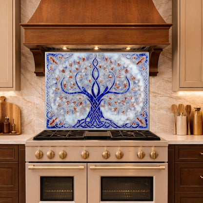 Tree of Life Glass Kitchen Backsplash Panel, Blue Mosaic Stove Guard Wall Art