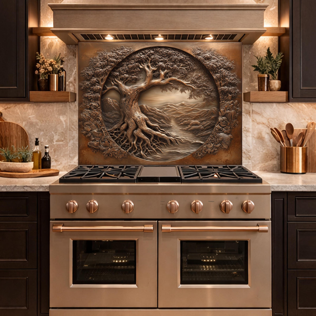 Copper Tree of Life Glass Backsplash, 3D Engraved Rustic Landscape Kitchen Panel
