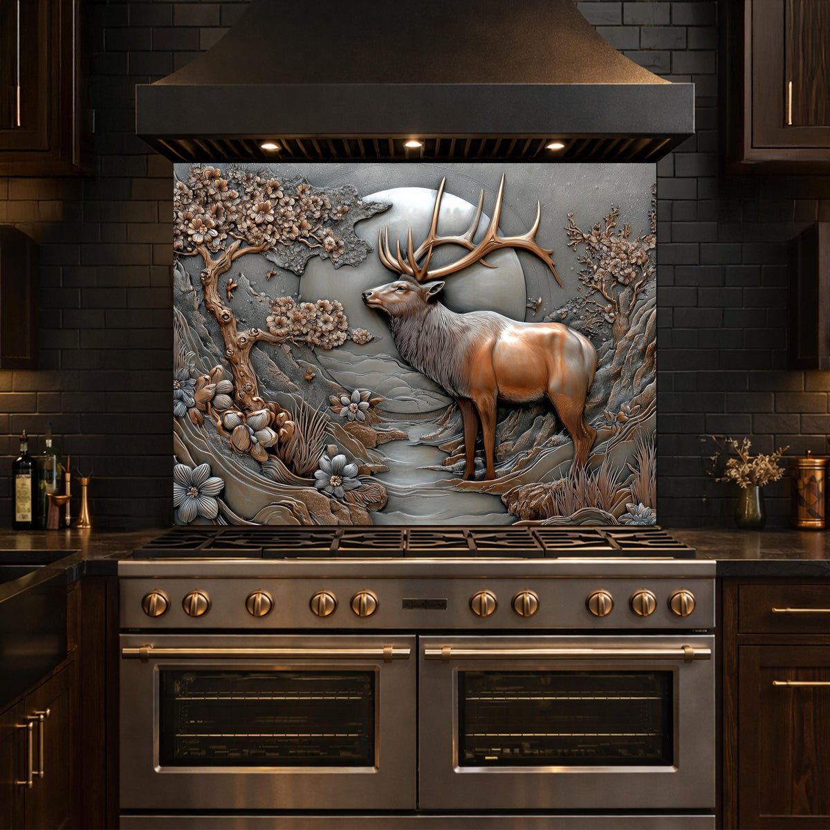 3D Deer Relief Glass Backsplash, Metallic Floral Nature Kitchen Wall Panel