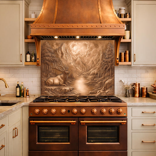 3D Deer Mountain Glass Backsplash, Bronze Nature Landscape Kitchen Panel