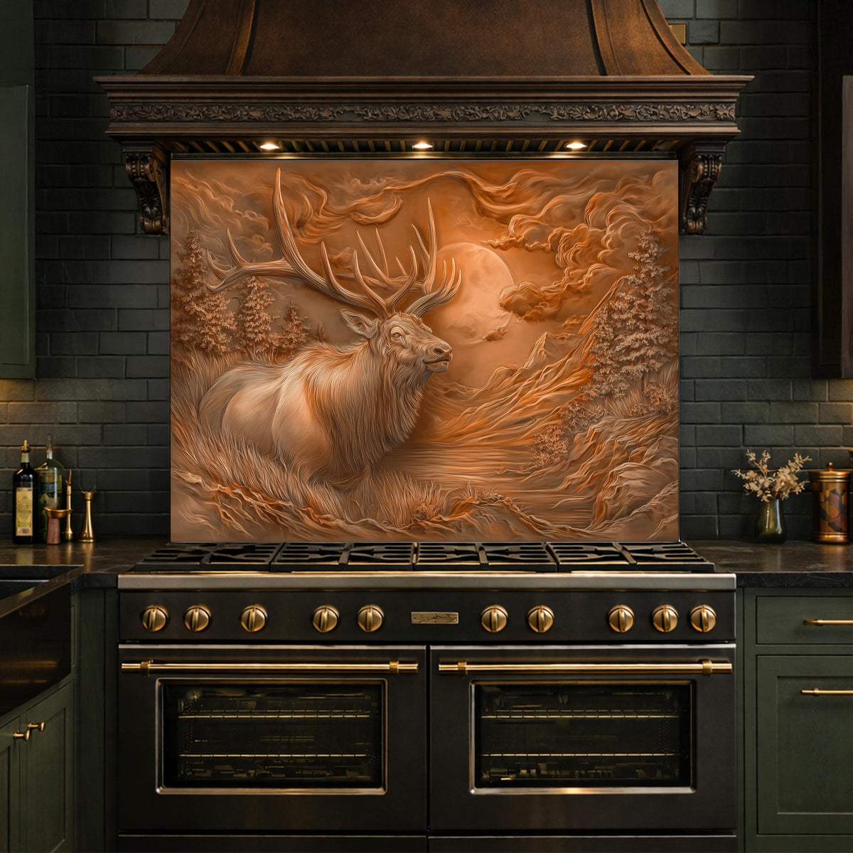 3D Deer Head Glass Backsplash, Bronze Mountain Moon Kitchen Wall Panel