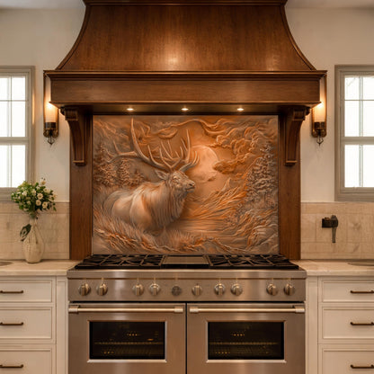 3D Deer Head Glass Backsplash, Bronze Mountain Moon Kitchen Wall Panel
