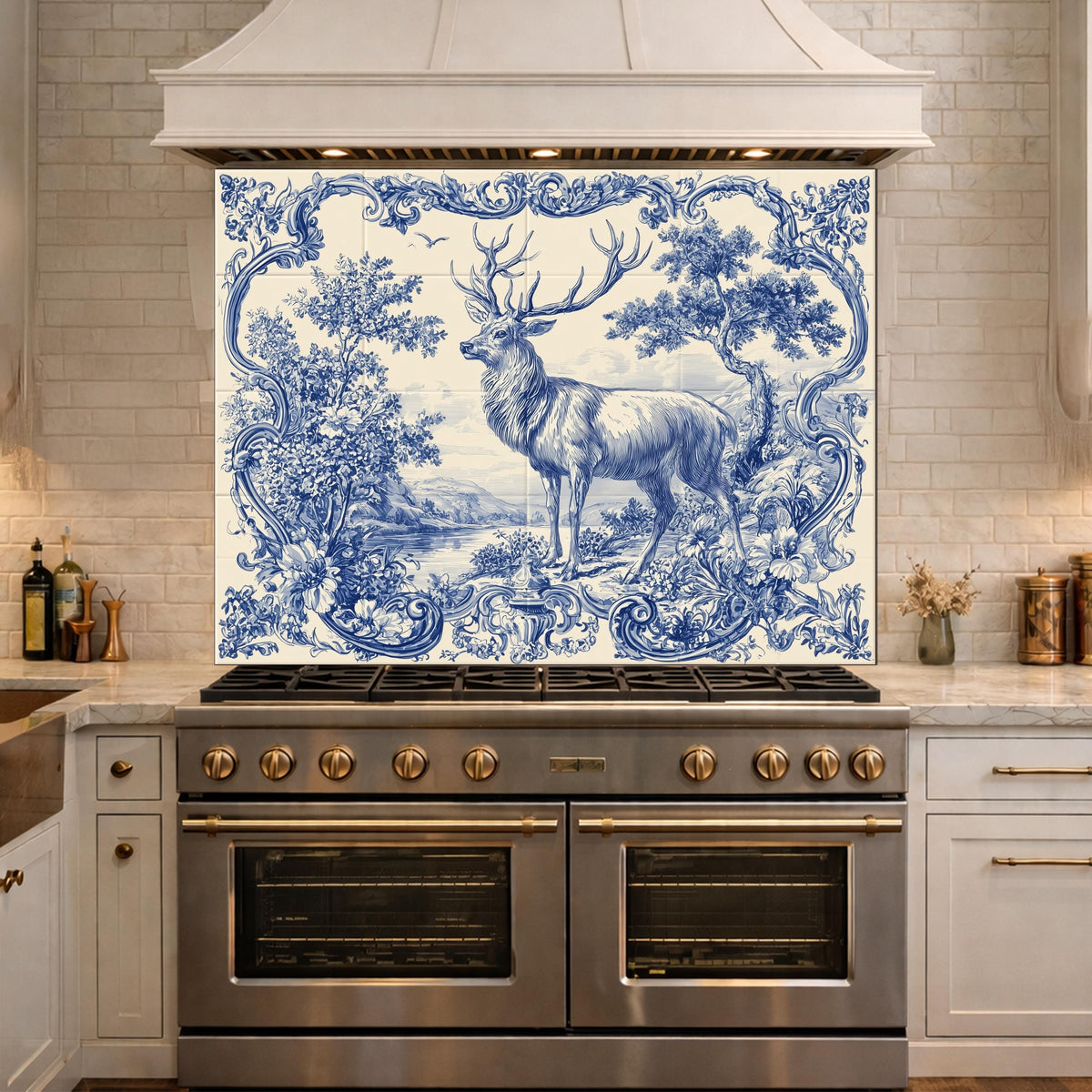 Blue White Deer Glass Backsplash, Vintage Ornate Tile Kitchen Wall Panel