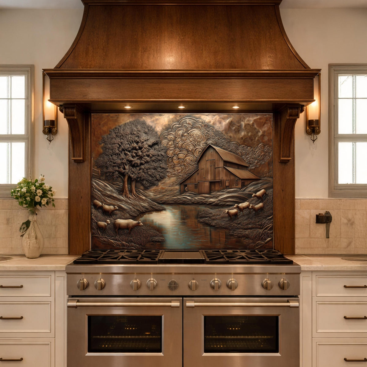 Rustic Barn Sheep Landscape Glass Backsplash, Sepia Farmhouse Kitchen Panel