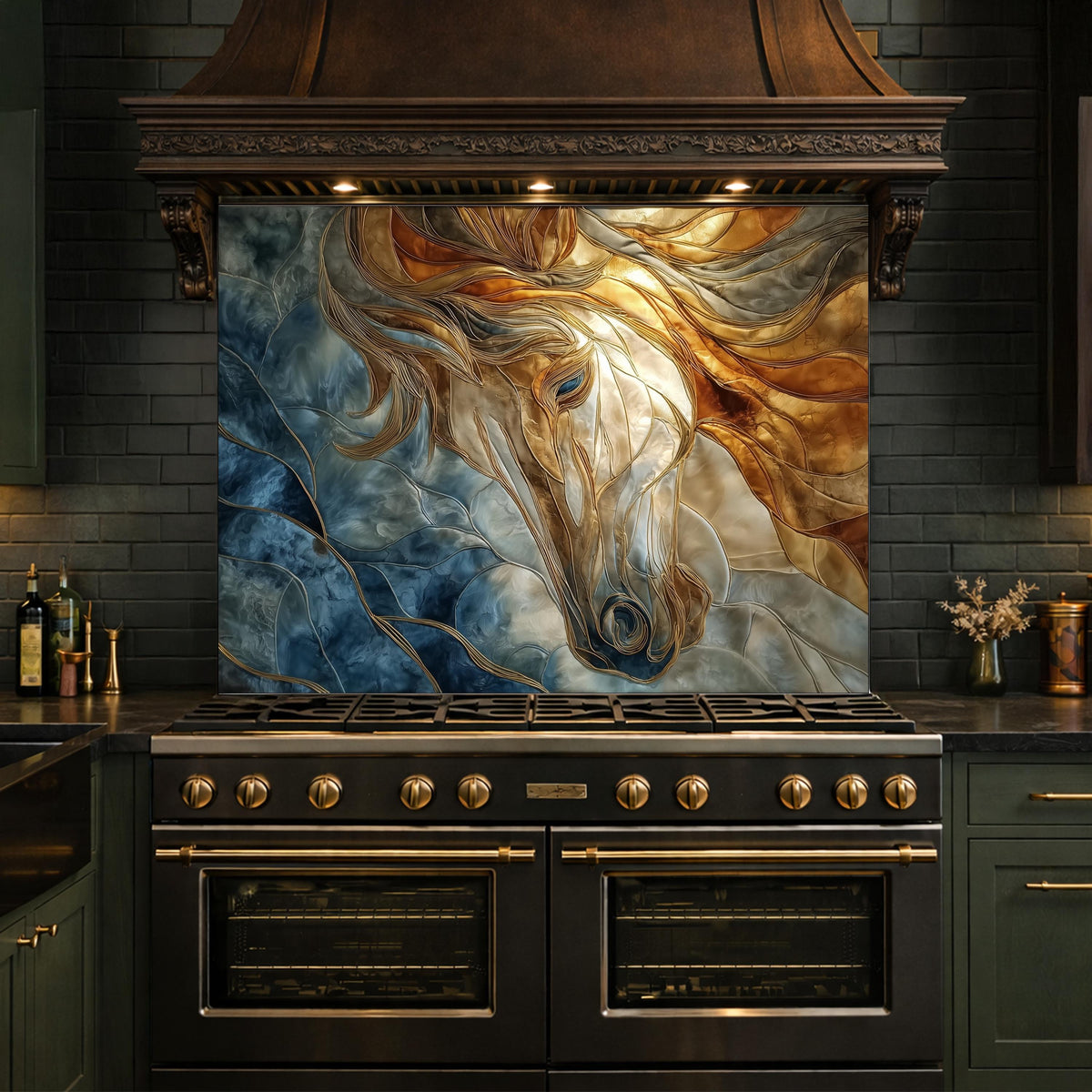 Abstract Horse Tempered Glass Kitchen Backsplash Panel – Gold Blue Marble Animal Wall Art