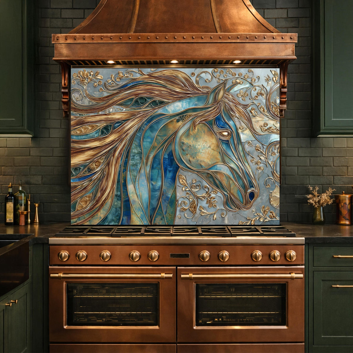 Abstract Horse Head Tempered Glass Kitchen Backsplash Panel – Gold Blue Animal Wall Art