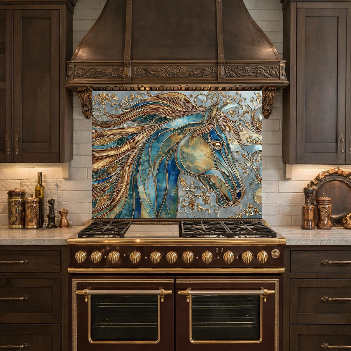 Abstract Horse Head Tempered Glass Kitchen Backsplash Panel – Gold Blue Animal Wall Art