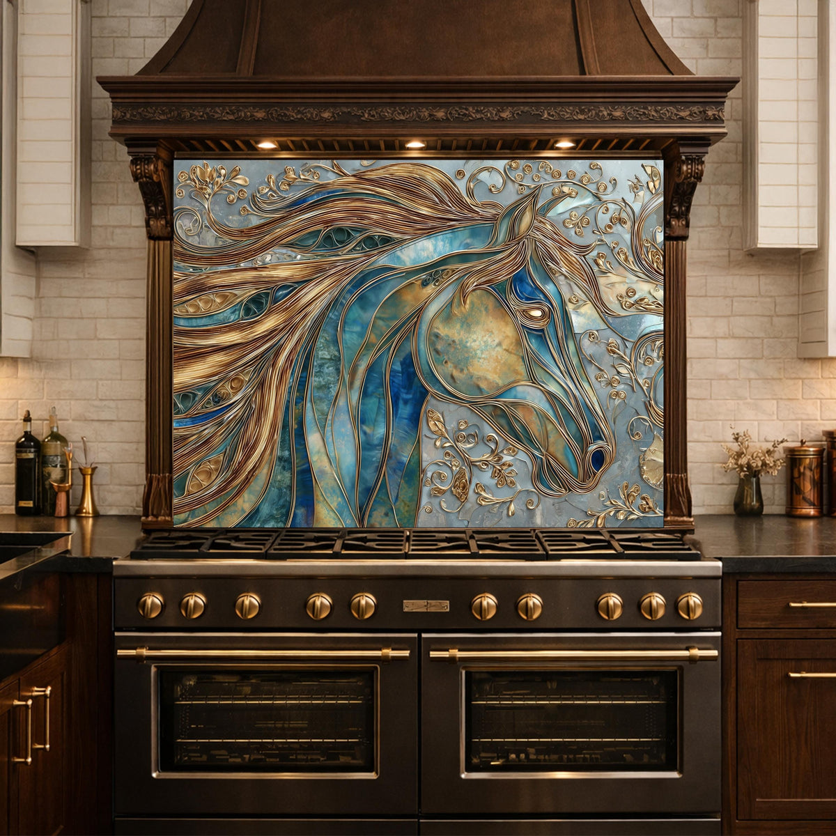 Abstract Horse Head Tempered Glass Kitchen Backsplash Panel – Gold Blue Animal Wall Art