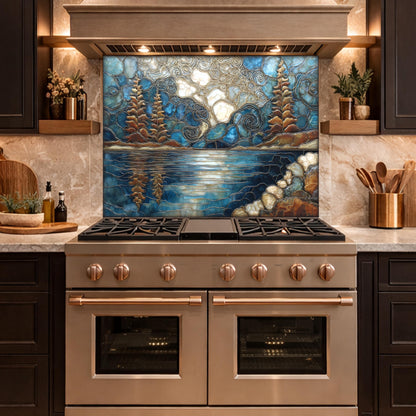 Lake Forest Glass Backsplash Blue Gold Landscape Kitchen Wall Decor Panel