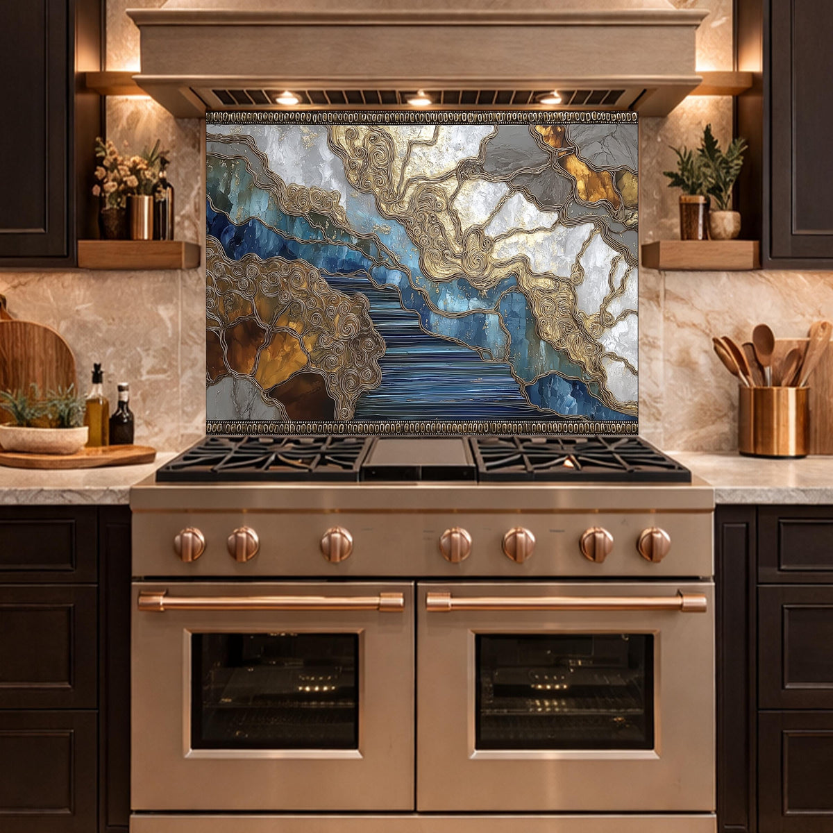 Abstract Marble River Glass Backsplash Blue Gold Kitchen Wall Decor Panel