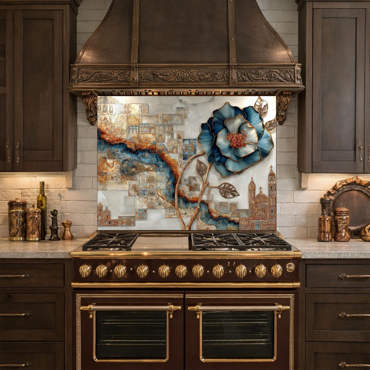 Blue Flower Glass Backsplash Abstract City River Kitchen Wall Decor Panel