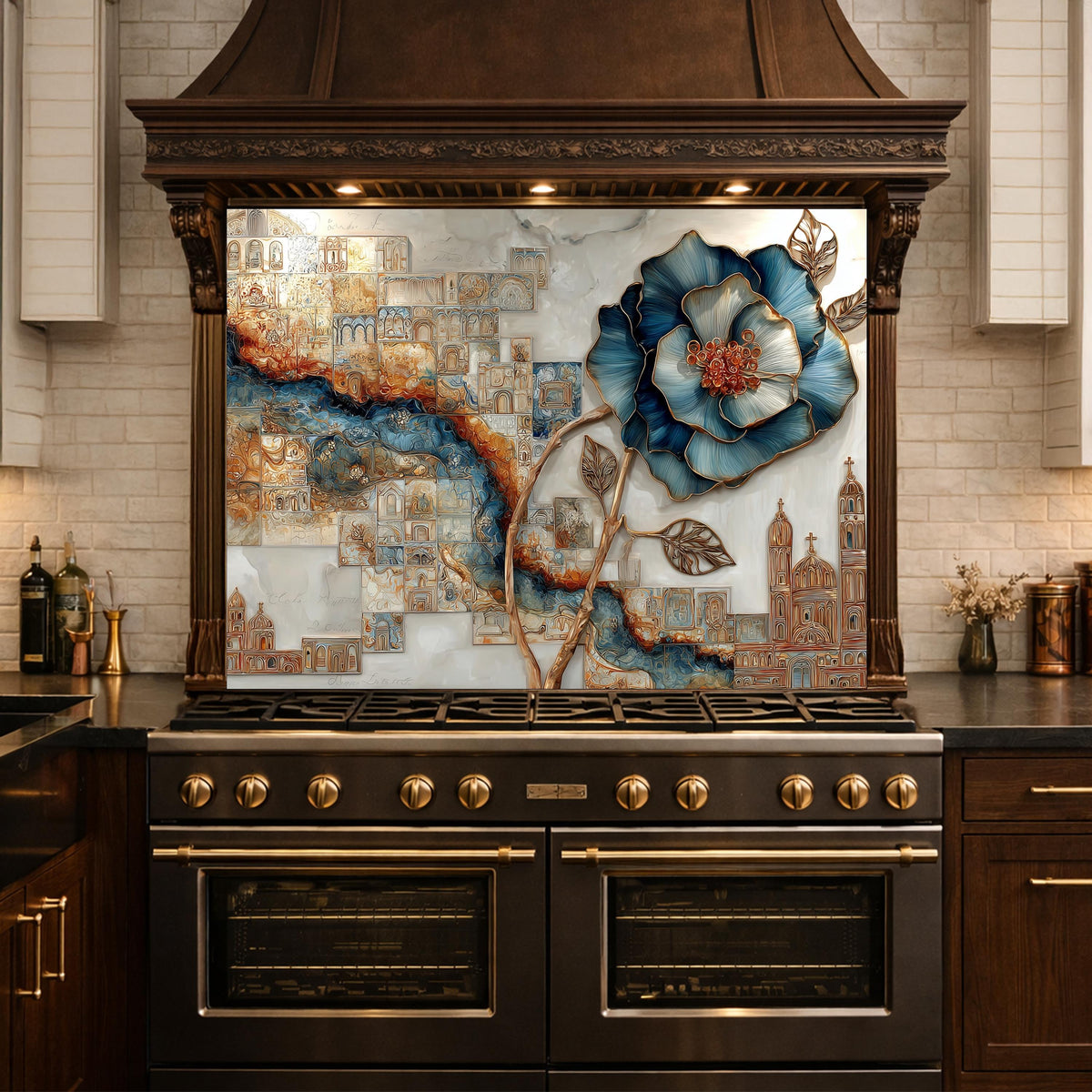 Blue Flower Glass Backsplash Abstract City River Kitchen Wall Decor Panel
