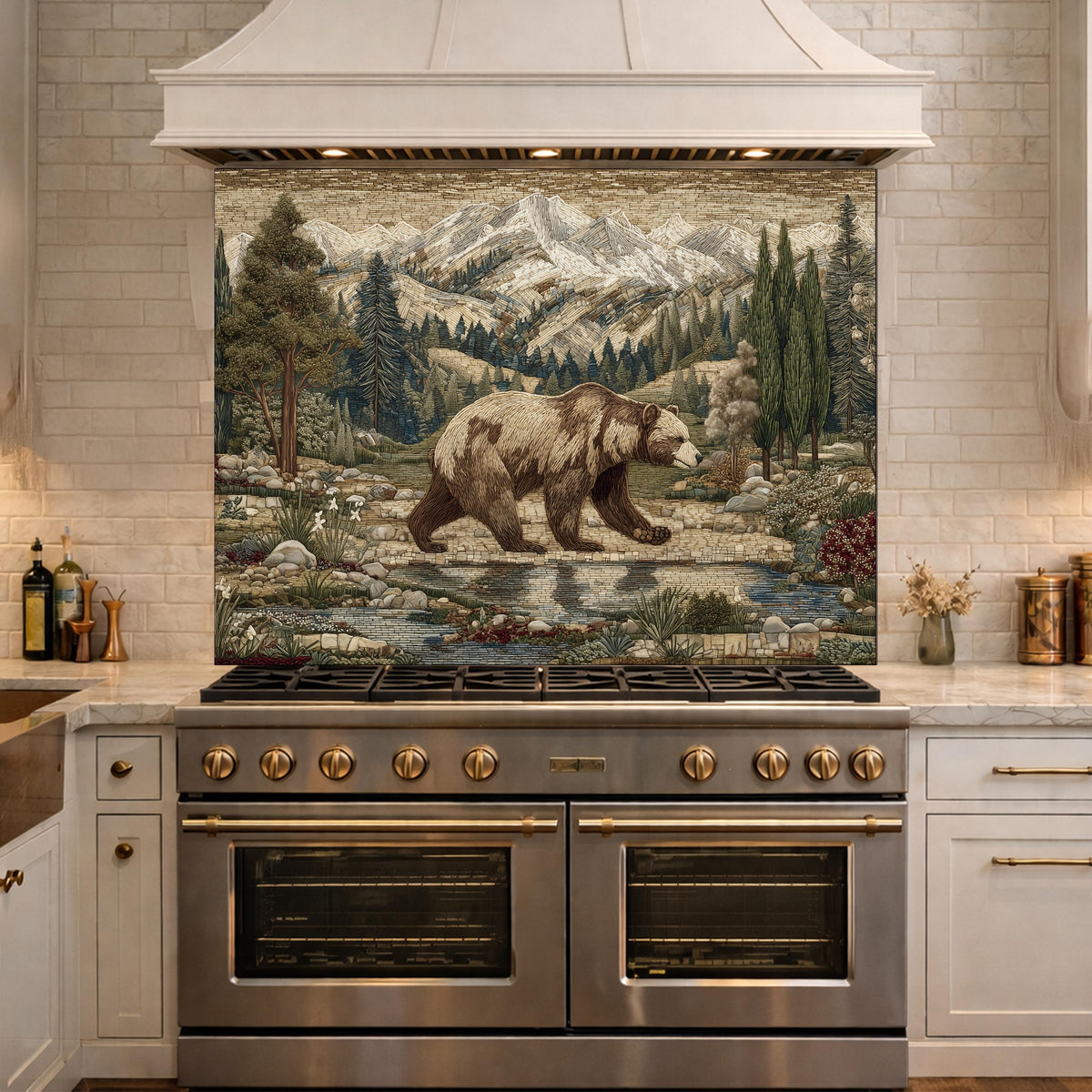 Tempered Glass Mountain Bear Kitchen Backsplash, Rustic Wildlife Stove Guard Wall Art