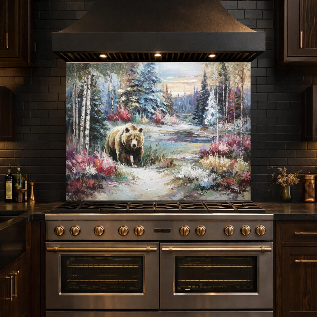 Tempered Glass Kitchen Backsplash, Forest Bear Wildlife Stove Guard, Rustic Wall Art Decor