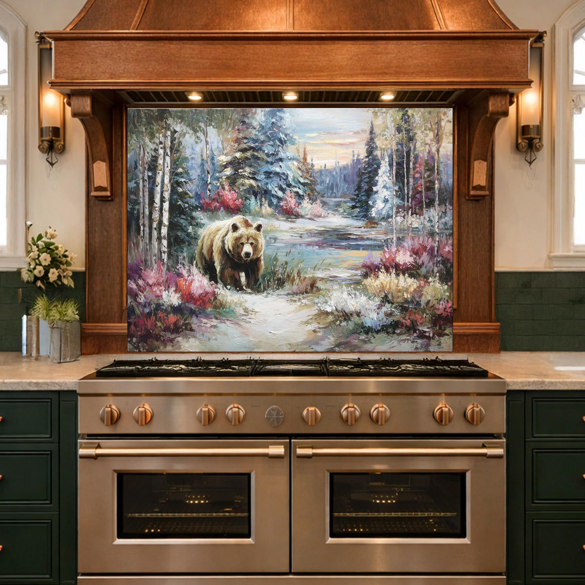 Tempered Glass Kitchen Backsplash, Forest Bear Wildlife Stove Guard, Rustic Wall Art Decor