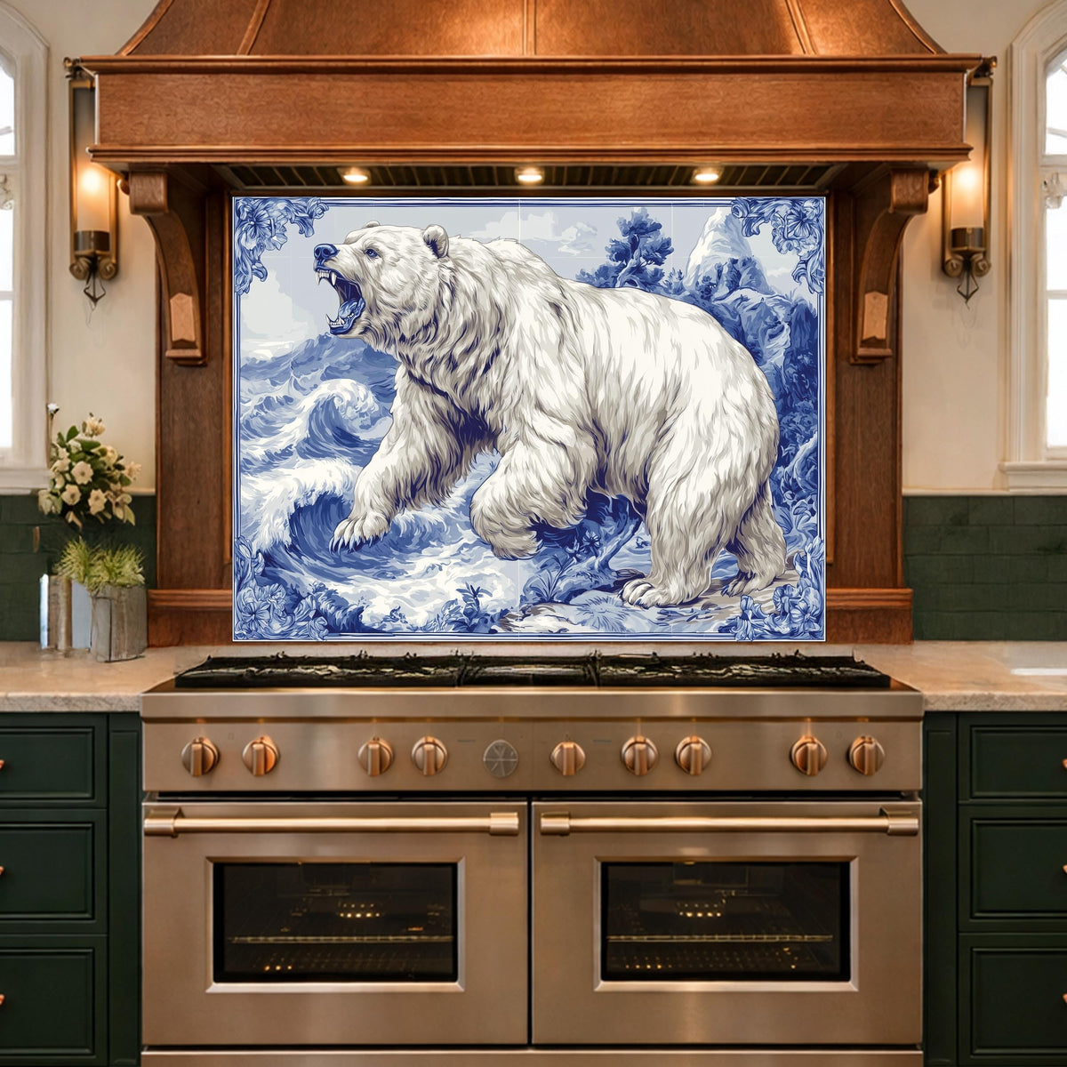 Blue White Bear Glass Kitchen Backsplash Panel, Ocean Wave Stove Guard Decor