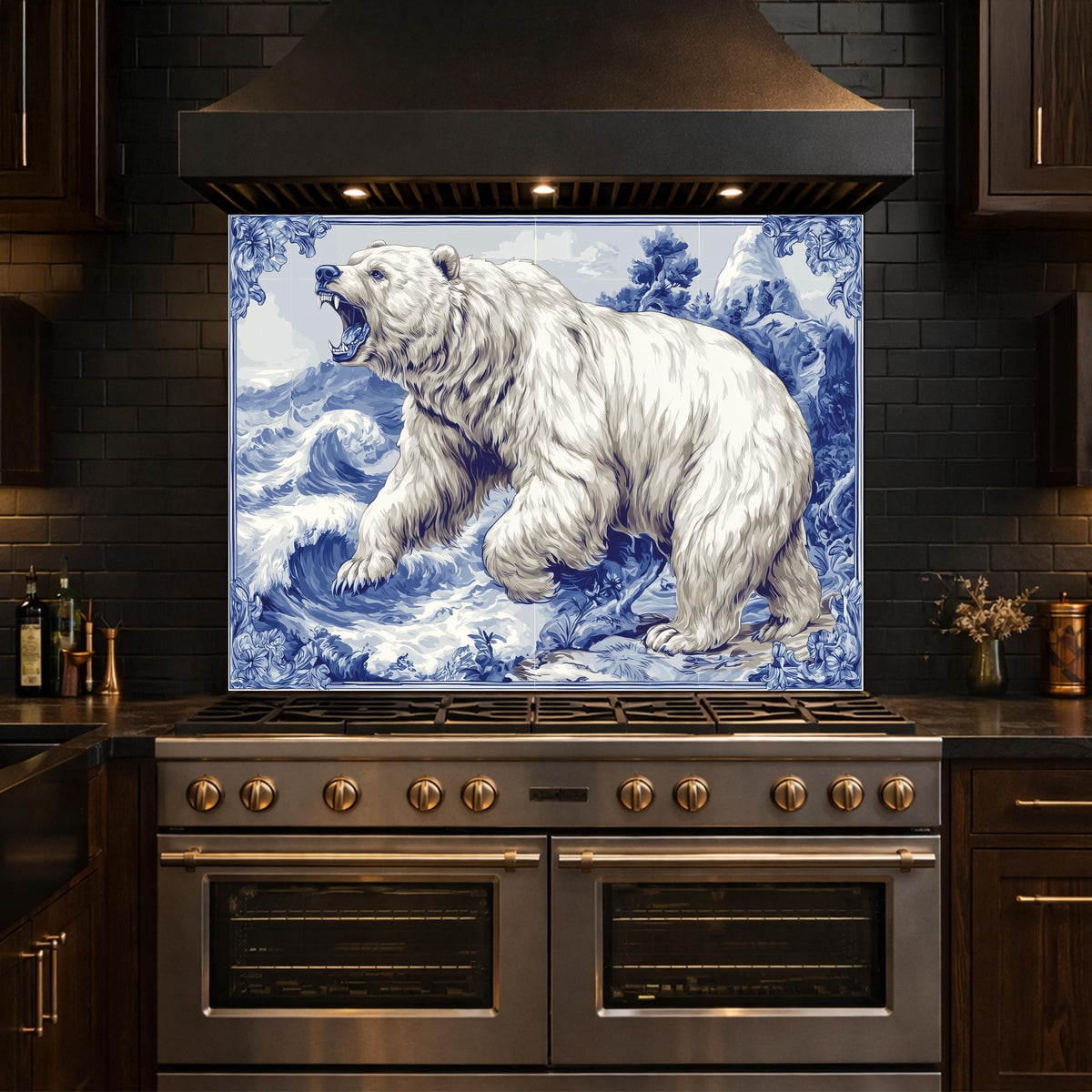 Blue White Bear Glass Kitchen Backsplash Panel, Ocean Wave Stove Guard Decor