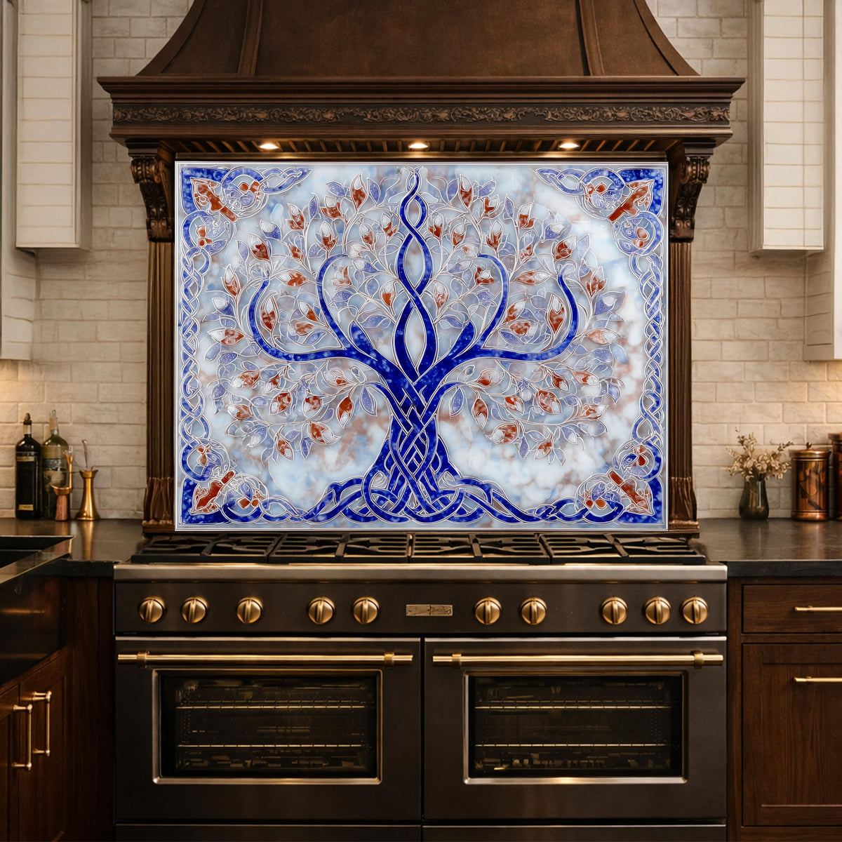 Tree of Life Glass Kitchen Backsplash Panel, Blue Mosaic Stove Guard Wall Art