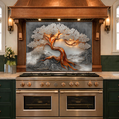 Copper Tree Glass Kitchen Backsplash Panel, Luxury Nature Stove Guard Wall Art Decor